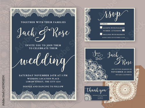 Rustic Wedding Invitation Design Template. Include RSVP card, Save the date card, thank you tags. Vintage Round Mandala Ornamental. Vector illustration.