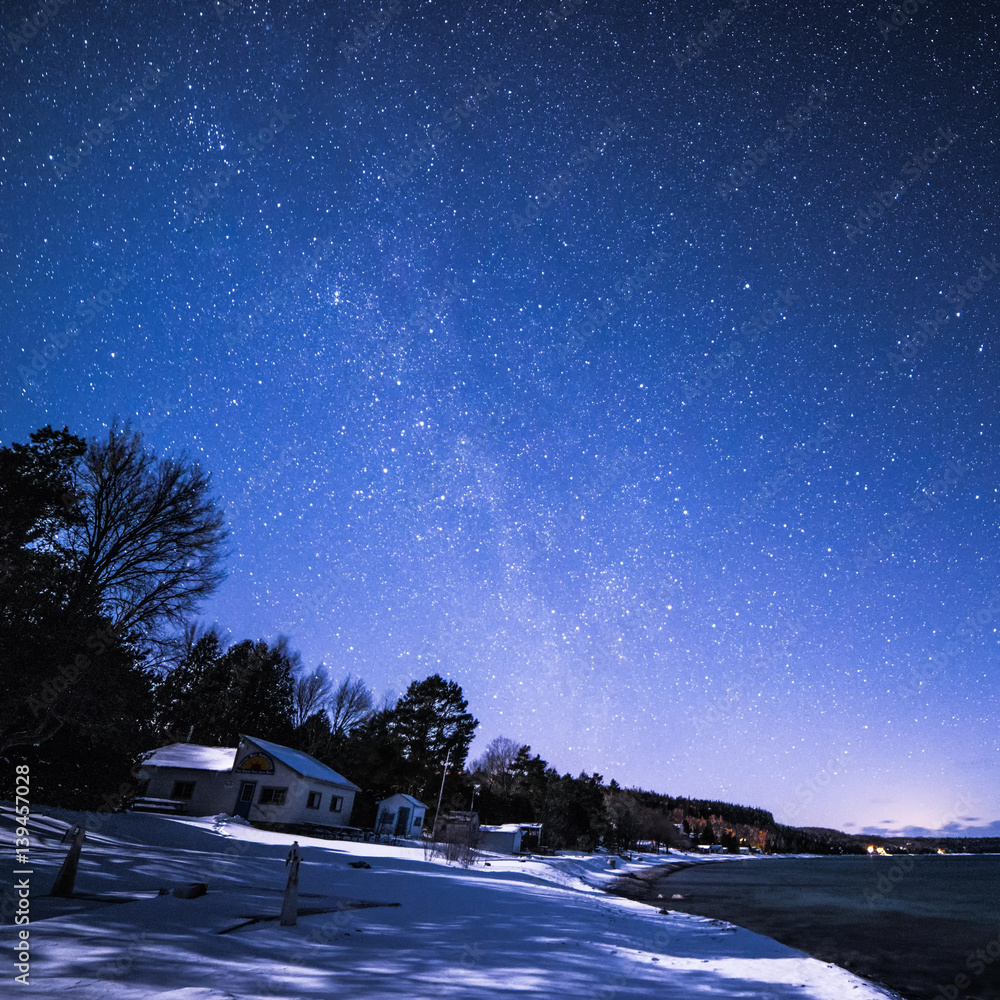 Dyers Bay, Bruce Peninsula at night time with milky way and stars, in winter