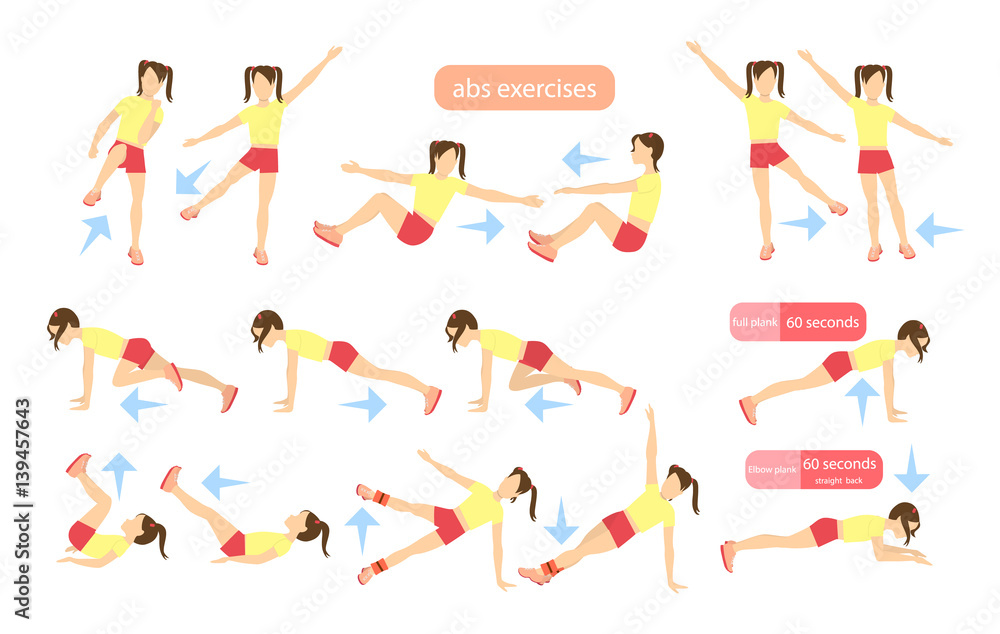 Exercises for kids set. Workout for girls. Abs exercises with weights. Healthy lifestyle for children.