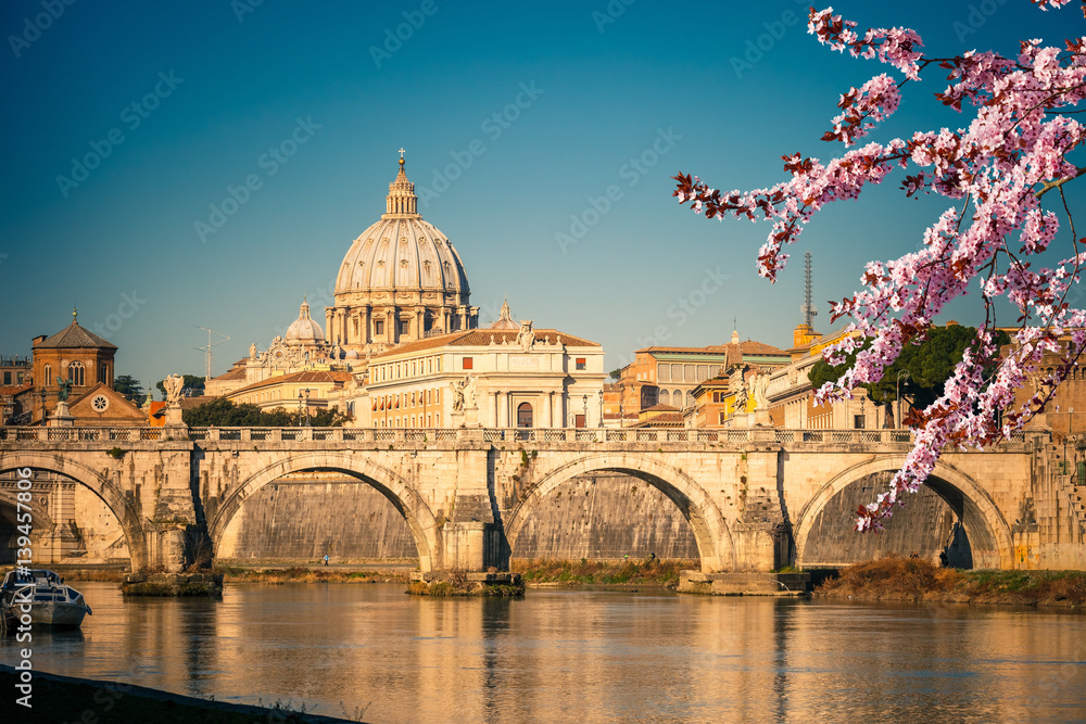 View at Tiber and St. Peter's cathedral in Rome at spring
