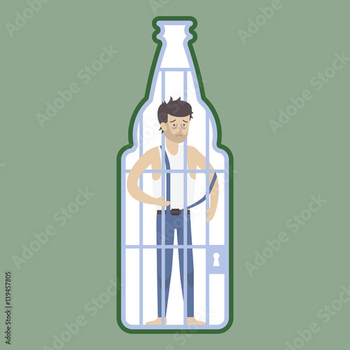 Alcoholism concept illustration. Alcoholic in bottle jail, locked. Drunk sad addicted man.