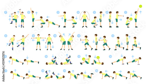 Exercises for kids set. Workout for boys. Exercises for whole body with weights, jumping rope and fit ball. Healthy lifestyle for children.