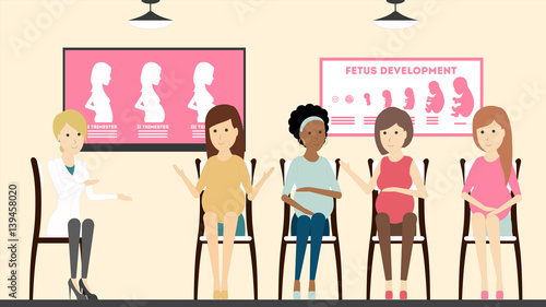 Women in prenatal clinic. Doctor teaches pregnant women about newborns and pregnancy. Cabinet with posters.