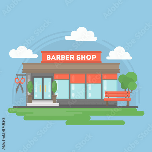 Fototapeta Naklejka Na Ścianę i Meble -  Barber shop building. Isolated urban building with sign and storefront. City landscape with clouds and trees.