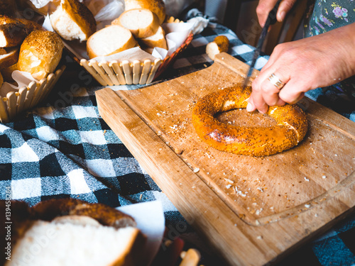 Turkish sesame bagel bread being prepare. photo