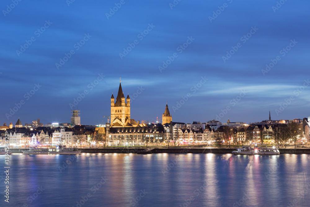 Evening View Of Great St. Martin Church And Tower Of City Hall In Cologne / Germany