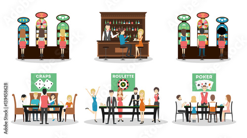 Isolated casino set on white background. Craps, roulette and poker. Bar and slot machines.