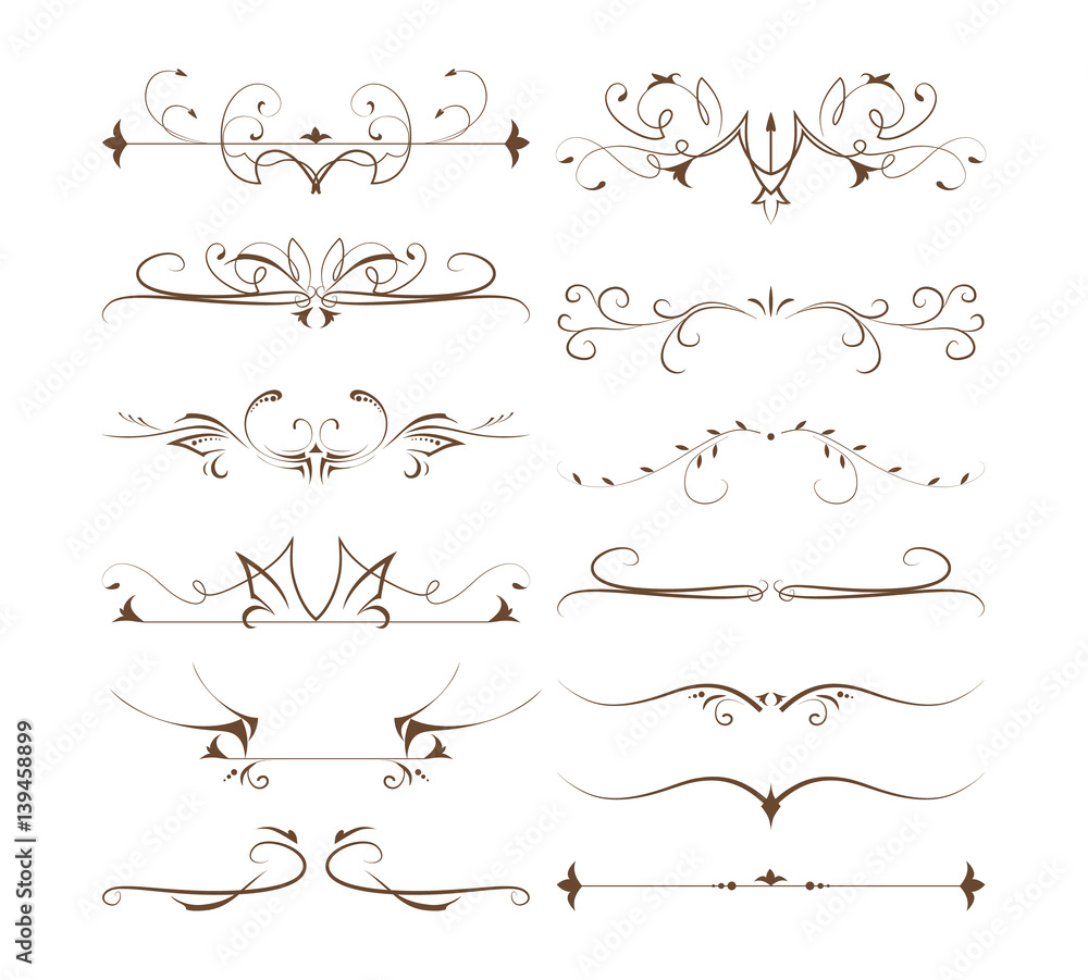 Ornamental dividers set on white background. Classic, floral and ethnic ornaments. Embroidery.