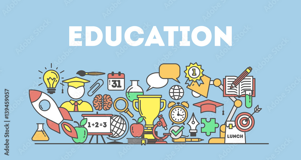 Eduation illustartion concept on white background. Word with many icons as target, lamp, medal, apple and more.