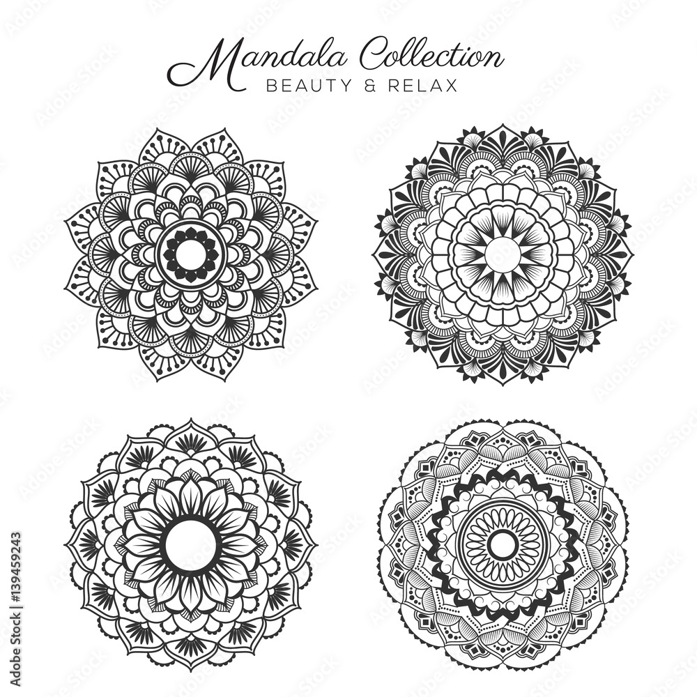 Set of mandala decorative and ornamental design for coloring page, greeting card, invitation, tattoo, yoga and spa symbol. Vector illustration Set of mandala decorative and ornamental design for coloring page, greeting card, invitation, tattoo, yoga and spa symbol. Vector illustration