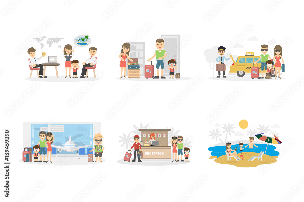 Family holiday set on white background. Buying tickets, and choosing place, packing luggage and relaxing on the seaside.