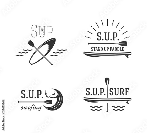 Stand up paddle. Sup surfing signs, logos