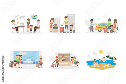 Family holiday set on white background. Buying tickets, and choosing place, packing luggage and relaxing on the seaside.
