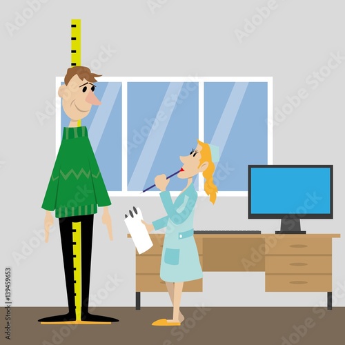 the doctor in the examination of the patient measures growth. vector illustration of cartoon photo