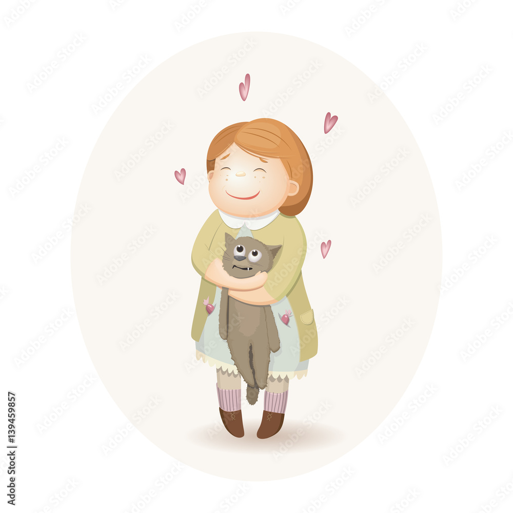 Cute vector illustration of cat in embraces of a little girl. The story of a great love child. Cute vector illustration of cat in embraces of a little girl. The story of a great love child.