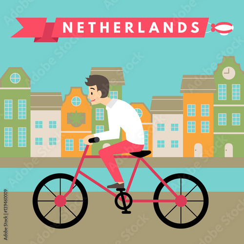 Vector illustration of man riding bicycle in Amsterdam, Netherlands