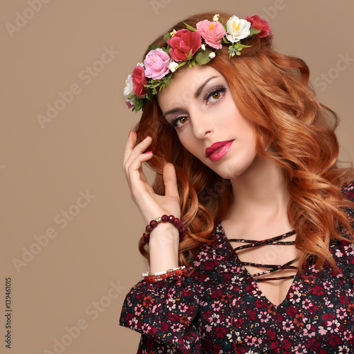 Fashion Boho woman Flower Wreath Portrait. Beauty Redhead Stylish wavy flower Shiny Curly Volume Hairstyle, fashion Makeup. Beautiful Glamour lady, fashion. Trendy summer Dress. Playful Girl, Ethnic