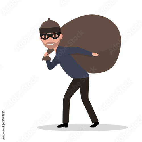 Vector cartoon male thief carrying bag with a loot