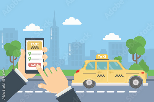 App for taxi. Man holds hand with smarthone. Application for calling taxi. Yellow car in urban exterior.