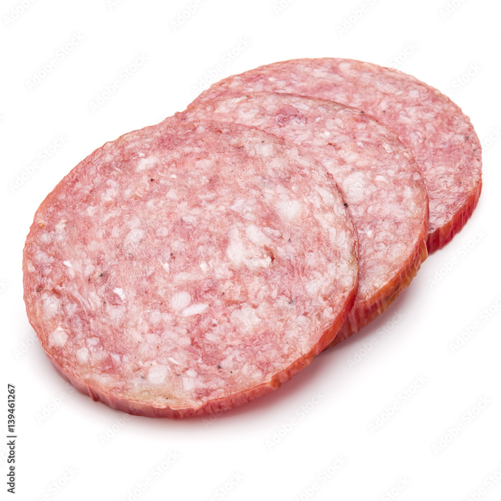 Salami smoked sausage three slices isolated on white background cutout Salami smoked sausage three slices isolated on white background cutout