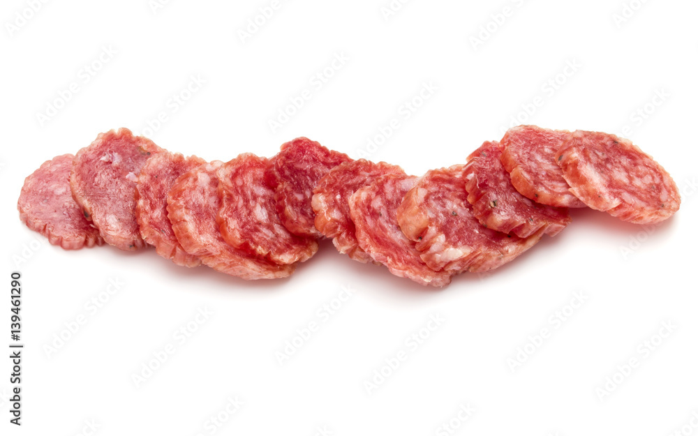 Salami smoked sausage slices isolated on white background cutout Salami smoked sausage slices isolated on white background cutout