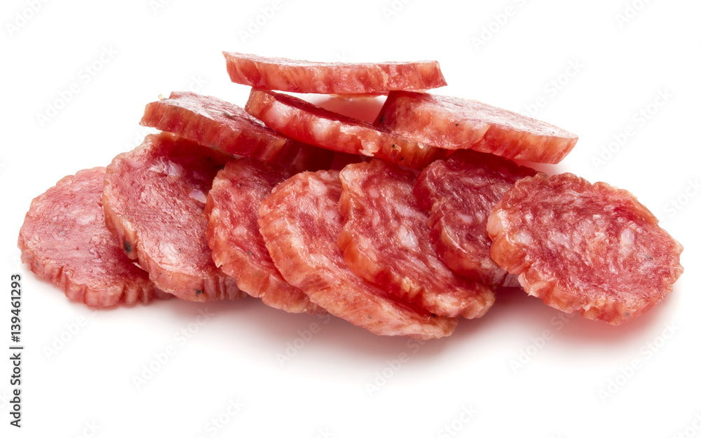 Salami smoked sausage slices isolated on white background cutout Salami smoked sausage slices isolated on white background cutout