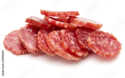 Salami smoked sausage slices isolated on white background cutout