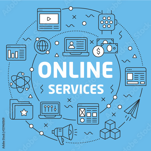 Linear illustration for presentations on blue background online services