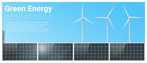 Green energy background with solar panel and wind turbine , vector , illustration