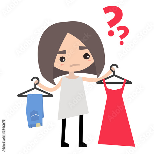 Young girl is trying to decide what to wear / flat editable vector illustration