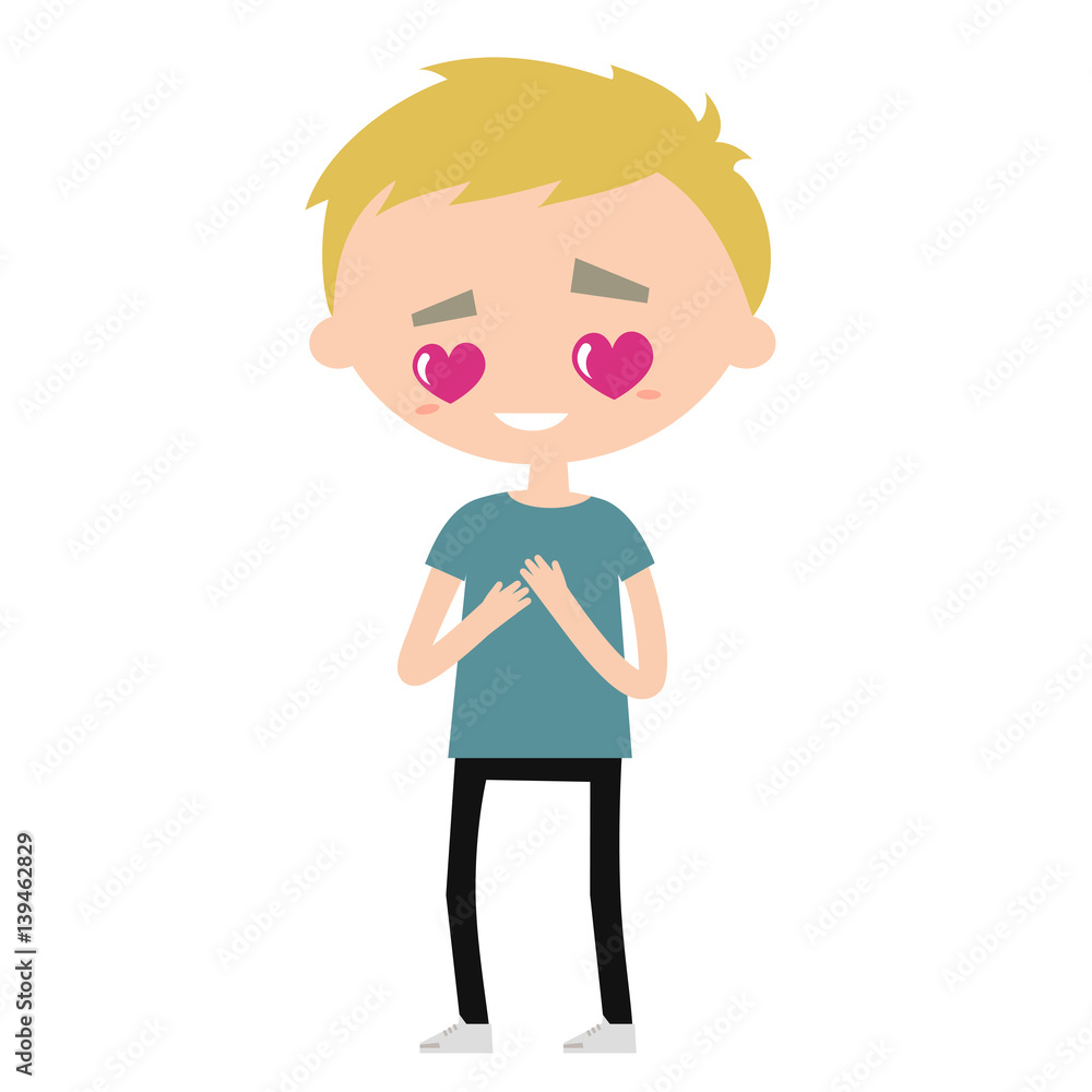 Falling in love. Cute cartoon blond boy with heart-shaped eyes, flat editable clip art vector illustration