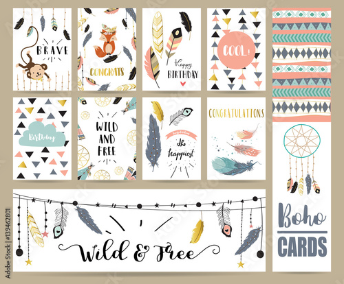 Card template collection for banners,Flyers,Placards with feather,fox,monkey and arrow in boho style