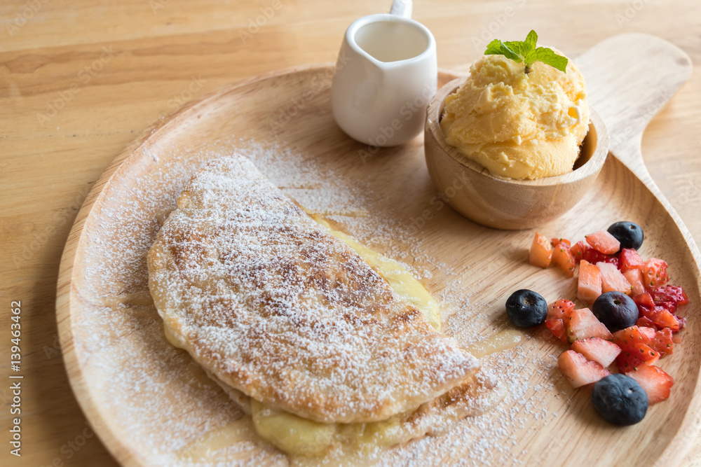 closeup fresh homemade dessert soft vanila roti with cool ice cream closeup fresh homemade dessert soft vanila roti with cool ice cream