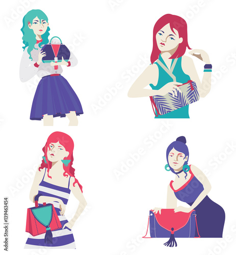 Vector fashion collection with bright flat girls with bags in hands. Purple, blue and pink colors, hand drawn graphic with stylish women. Handbags and clutches decorated with seam, fringe and print