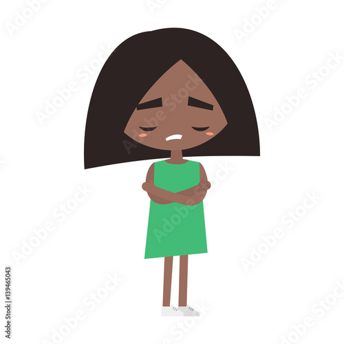 Sad offended black girl cartoon illustration, Vector flat image