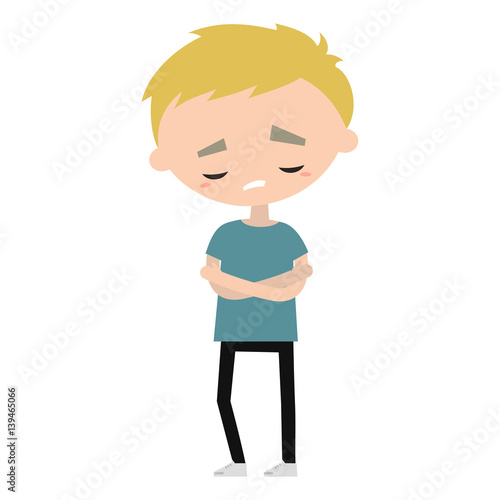 Sad offended blond boy cartoon illustration, Vector flat editable image