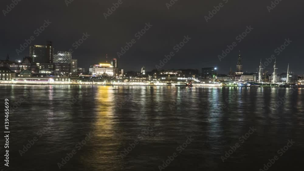 Panomic time lapse from the opposite riverside of the Elbe in Hamburg, on the skyline of hamburg, st. Pauli, Landungsbruecken, Baumwall, in evening time. Night Scene. 4k