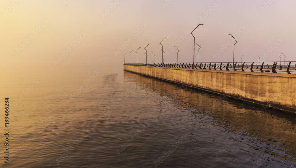 Pier on the seafront in Baku at sunrise.Azerbaijan
