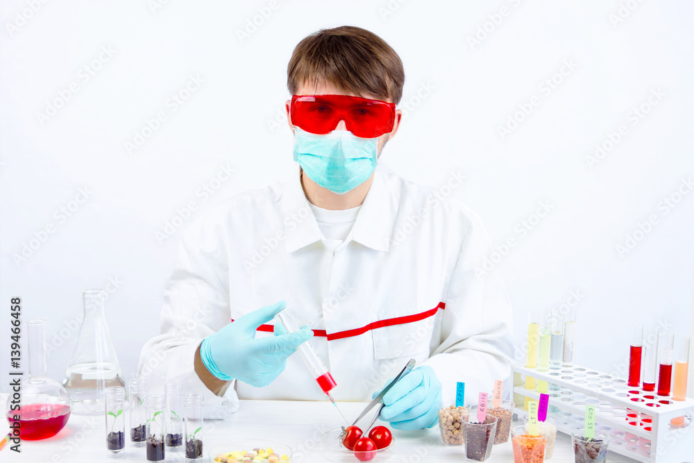 Scientist holding gmo plant for testing in biolaboratory. Making injection Scientist holding gmo plant for testing in biolaboratory. Making injection