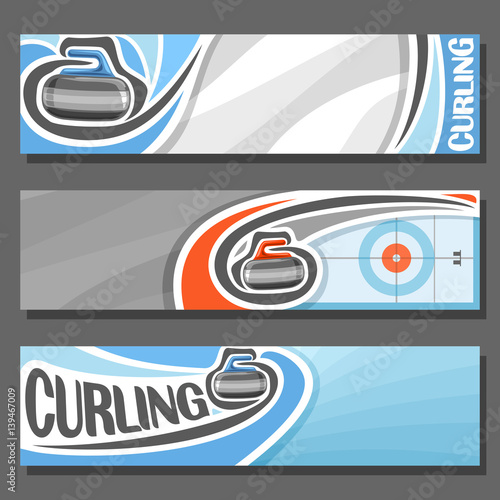 Vector horizontal Banners for Curling: 3 cartoon covers for title text on curling theme, on ice rink granite stone, rock sliding in target, abstract headers banner for inscription on gray background.