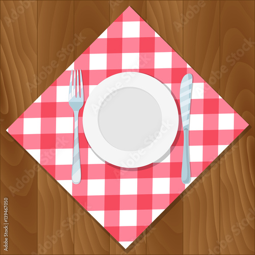 plate knife and fork on a red tablecloth in a cage. vector illustration in flat style