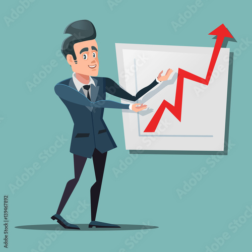 Successful Businessman Pointing on Growth Chart. Business Planning. Vector illustration
