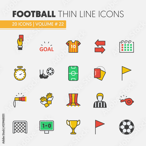 Football Soccer Linear Thin Line Vector Icons Set with Ball and Sport Elements