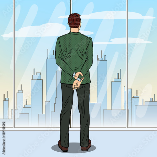 Pop Art Successful Businessman Looking at City Through the Window. Vector illustration