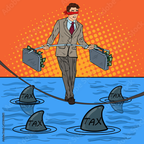 Pop Art Businessman Walking on the Rope with Briefcase Over the Sea with Sharks. Investment Risk. Vector illustration