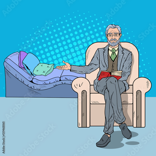 Pop Art Psychotherapy Visit with Senior Psychotherapist. Vector illustration