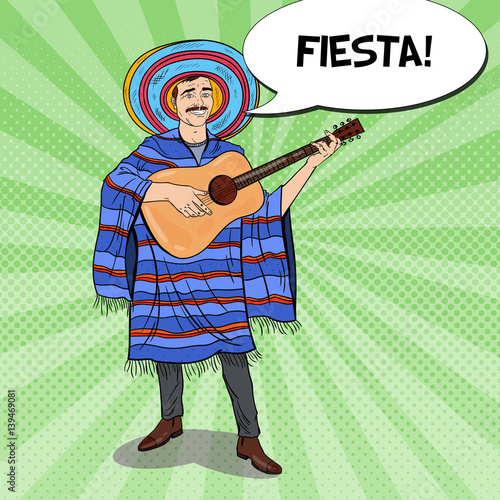 Pop Art Smiling Mariachi in Poncho and Sombrero with Guitar. Vector illustration
