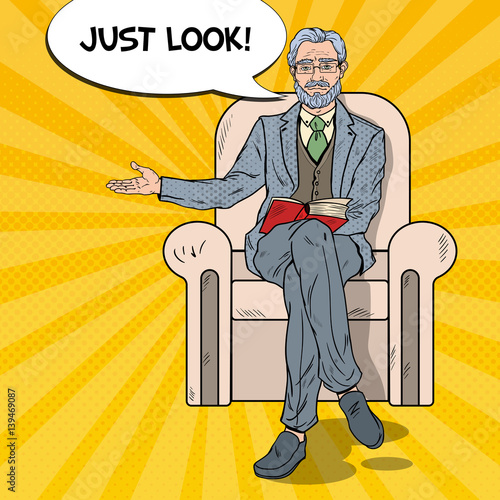 Pop Art Senior Businessman Sitting in Chair and Pointing. Vector illustration
