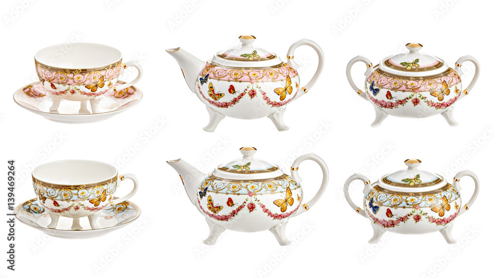 Porcelain mug for tea and plates