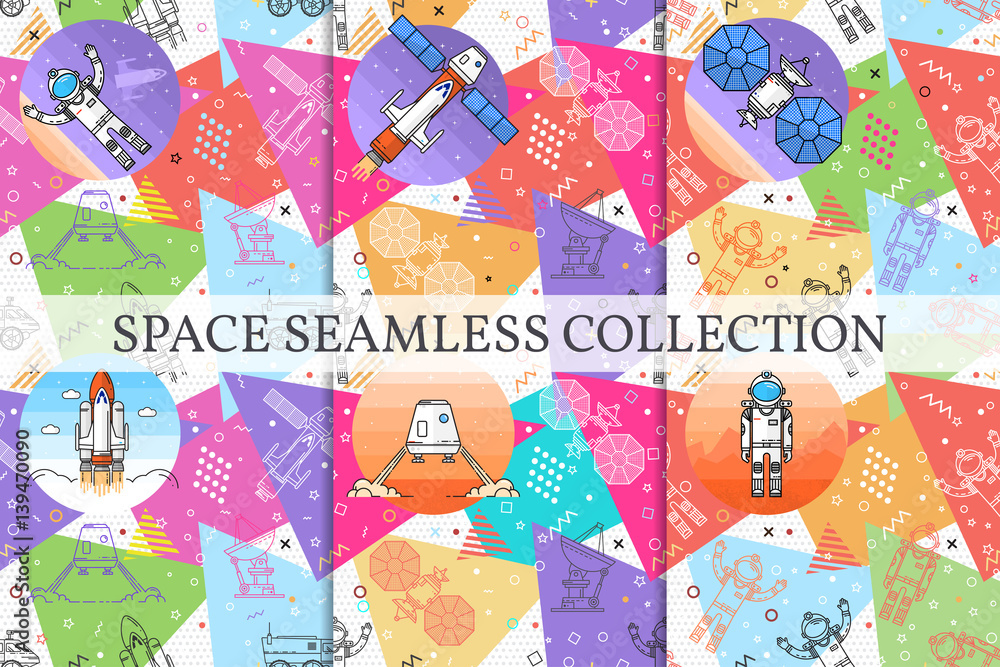Set of space memphis seamless patterns.